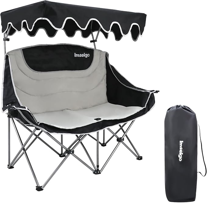 Double Camping Chair with Adjustable Shade Canopy Oversized Portable Folding Loveseat Couch, 2 Person Soft Padded Couch Back Storage Bag Cup Holder for Outdoor Lawn Backyard