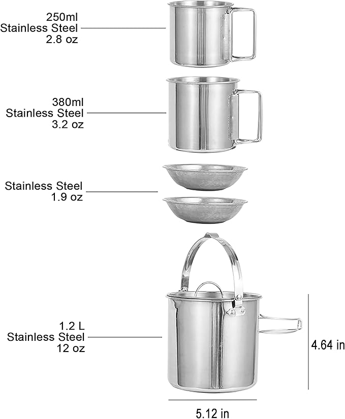 Camping Coffee Kettle and Mugs Set - Stainless Steel Pot with Collapsible Handle and Lid - Boiling Water with Open Fire for Hiking Backpacking Picnic Outdoor - 1.2 L