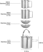 Camping Coffee Kettle and Mugs Set - Stainless Steel Pot with Collapsible Handle and Lid - Boiling Water with Open Fire for Hiking Backpacking Picnic Outdoor - 1.2 L