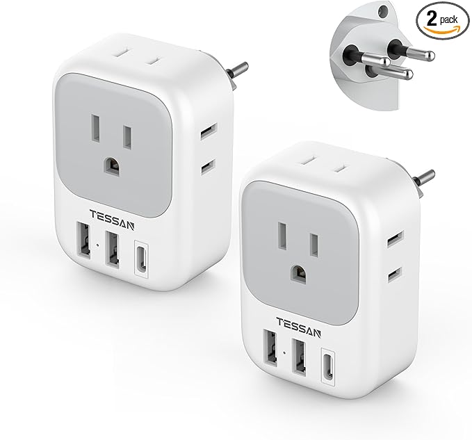 Switzerland Power Adapter 2 Pack, TESSAN Type J Adaptor with 4 Outlets 3 USB Charging Ports(1 USB C), Swiss Travel Plug for US to Switzerland, Liechtenstein, Rwanda