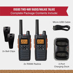 Cobra RX680 Walkie Talkies (2-Pack) - Rugged & Splashproof Two Way Radios Long Range, IP54 Water Resistant Design, 60 Pre-Programmed Channels, Weather Alerts, Included Charging Dock (Black/Orange)