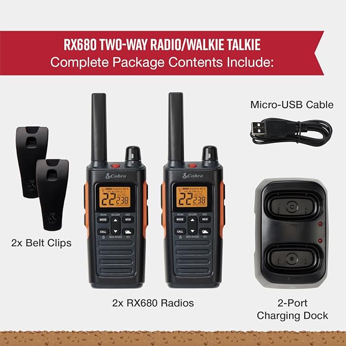 Cobra RX680 Walkie Talkies (2-Pack) - Rugged & Splashproof Two Way Radios Long Range, IP54 Water Resistant Design, 60 Pre-Programmed Channels, Weather Alerts, Included Charging Dock (Black/Orange)