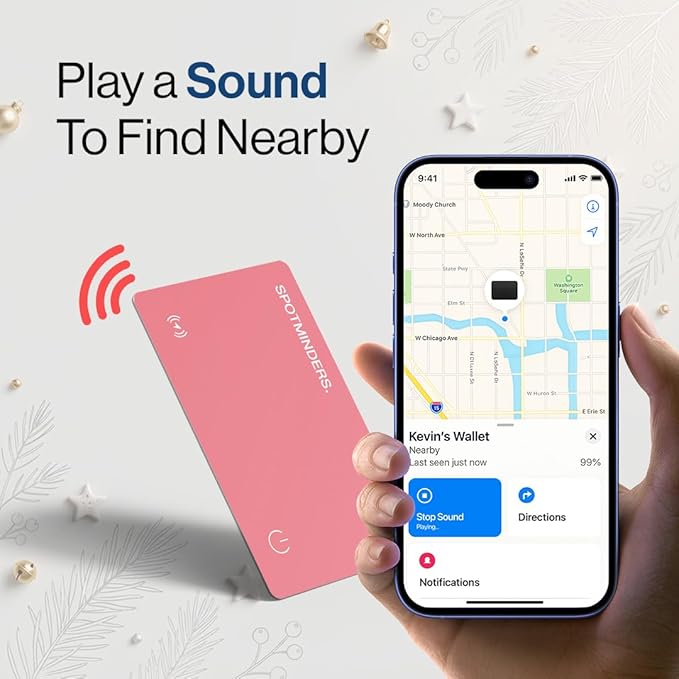 SPOTMINDERS Apple MFi Certified Wallet Tracker for Valentines Day Gifts for Women (iOS Only) Works with Apple Find My IP68 Rechargeable Tracking Card 0.07in Slim iPhone Item Finder for Luggage, Purse