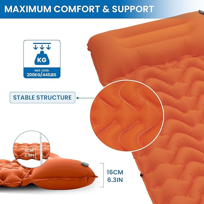 KingCamp Sleeping Pad for Camping, Ultralight Connectable Inflatable Sleeping Pad Camping Mattress with 6.3" Built-in Pillow & Foot Pump for Backpacking Hiking Tent Cot