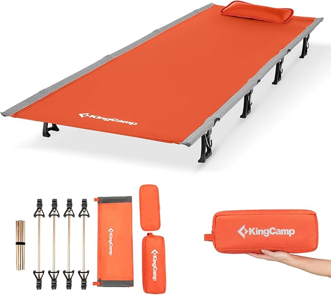 KingCamp Ultralight Camping Cot, Portable Folding Tent Camping Bed, Heavy Duty Sleeping Bed with Pillow for Adults Outdoor Backpacking Travel Hiking, Supports 350LBS, Orange