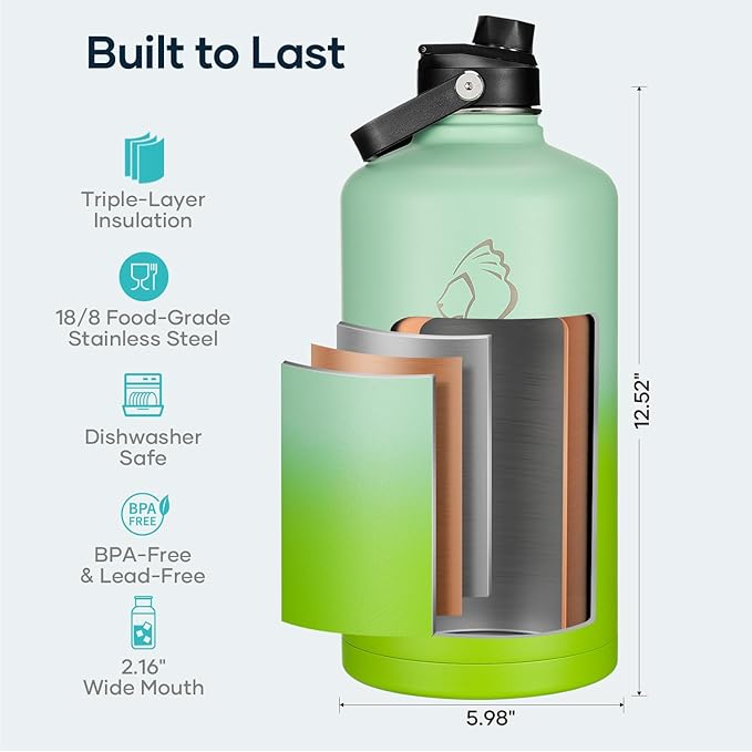 BUZIO 128oz Gallon Water Bottle, Insulated Water Jug with Straw Lid and Carrying Sleeve (Cold for 48 Hrs) Stainless Steel Hydro Metal Canteen Water Flask, Gradient Green