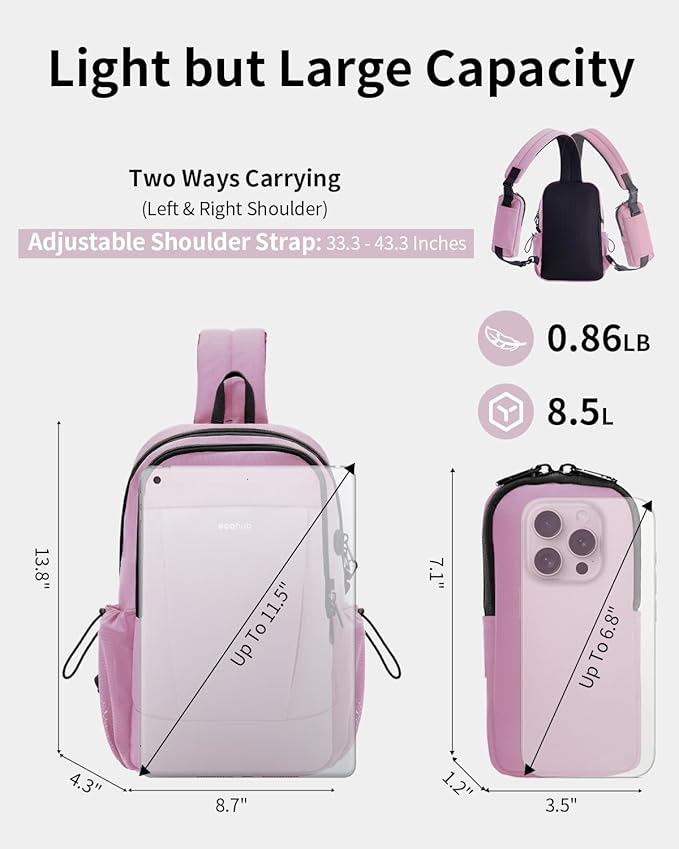 ECOHUB Crossbody Bags for Women Men, Anti-Theft RFID Blocking Roomy Sling Backpack with Sturdy SBS Zippers Water Resistant Chest Shoulder Bag Daypack with 9 Pockets Casual Outdoor Hiking, Pink