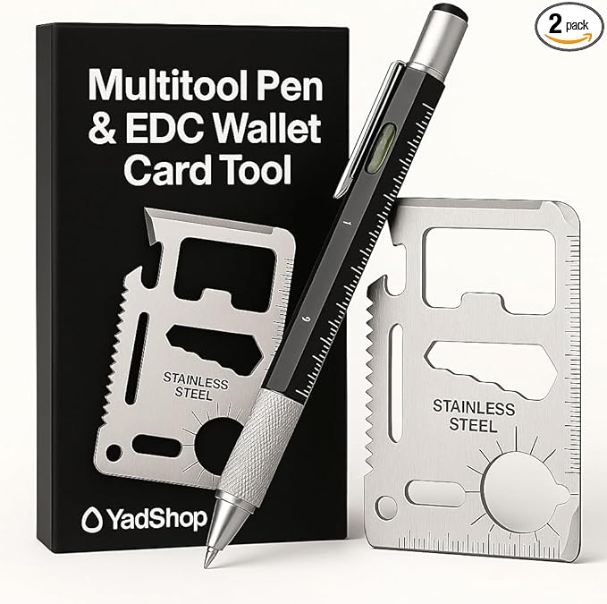 12-in-1 Tool Pen & Stainless Steel EDC Wallet Card Tool Gift Set | Multitool Duo Everyday Carry Survival Gadget for Men & Women (2-pack)