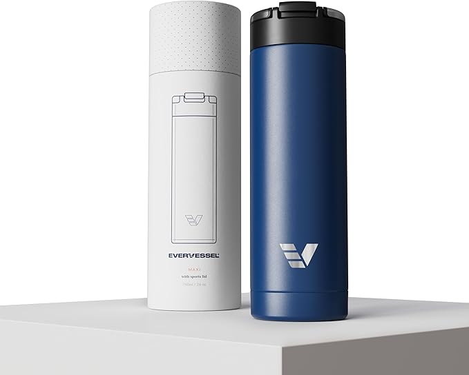 Maxi Stainless Steel Water Bottle 26oz - Double wall vacuum insulated | Integrated carry handle | leak proof flip top lid | Lightweight & stylish - Blue