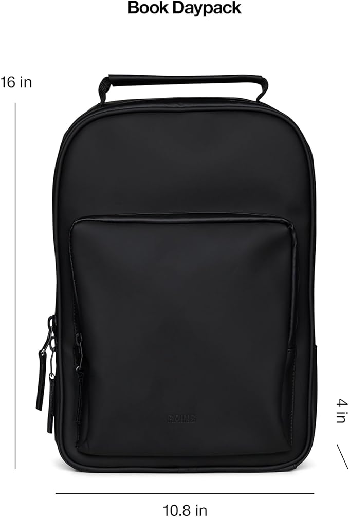 RAINS Book Daypack - Black Laptop Backpack for Men and Women, Waterproof Black Minimalist Commuter Bag with 15” Laptop Room, Front Zip Pocket - 2 Year Warranty