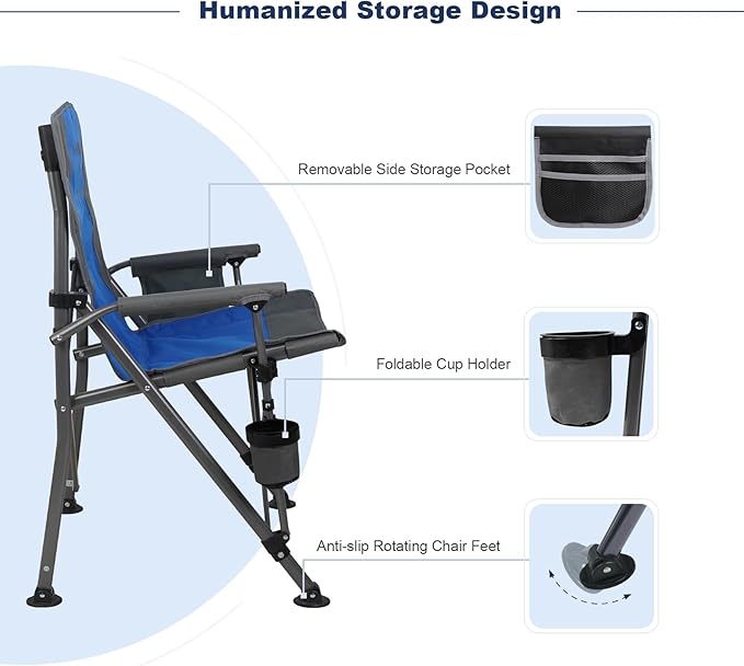 Camping Chair Folding Portable Lawn Chair Comfortable Hard Arm Sturdy for Family Camp, Outdoor, Sports, Beach, Travel, Blue, Supports 300 lbs