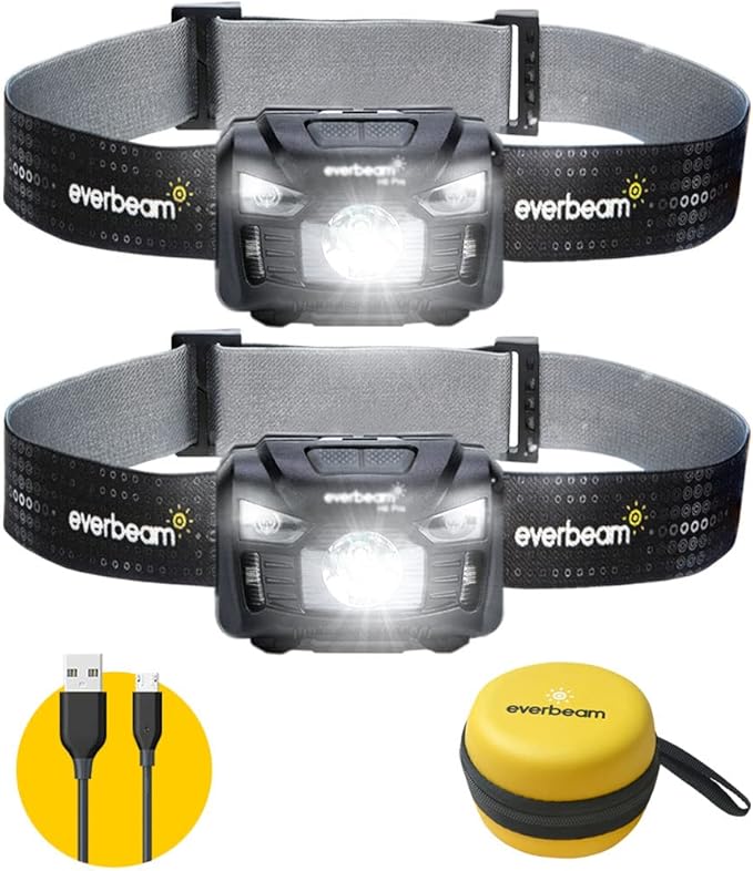 Everbeam H6 Pro LED Head Torch Headlamp, Motion Sensor Control, 650 Lumen Bright 20 Hours Runtime 1200mAh Battery Powered USB Rechargeable Headlight (2 Pack)