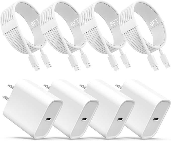 iPhone 17 16 15 Charger, USB C Charger, 4-Pack Fast Wall Charging, USB-C Chargers Block (4-Pack 6 ft Cable Included) for iPhone 17/16/15/15 Pro/15 Pro Max/iPad Pro/AirPods Samsung & More