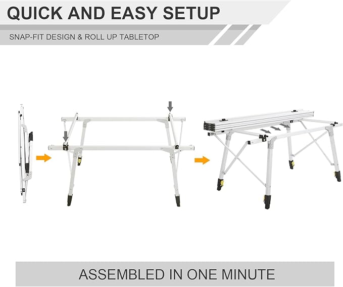 PORTAL Outdoor Folding Portable Picnic Camping Table with Adjustable Height Aluminum Roll Up Table Top Mesh Layer, Silver