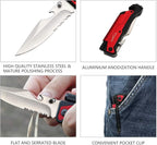 ALBATROSS Best 6-in-1 Survival Tactical Military Folding Pocket Knives with LED Light,Seatbelt Cutter,Glass Breaker,Magnesium Fire Starter,Bottle Opener;Multi-Function Emergency Tool(Red-SA)