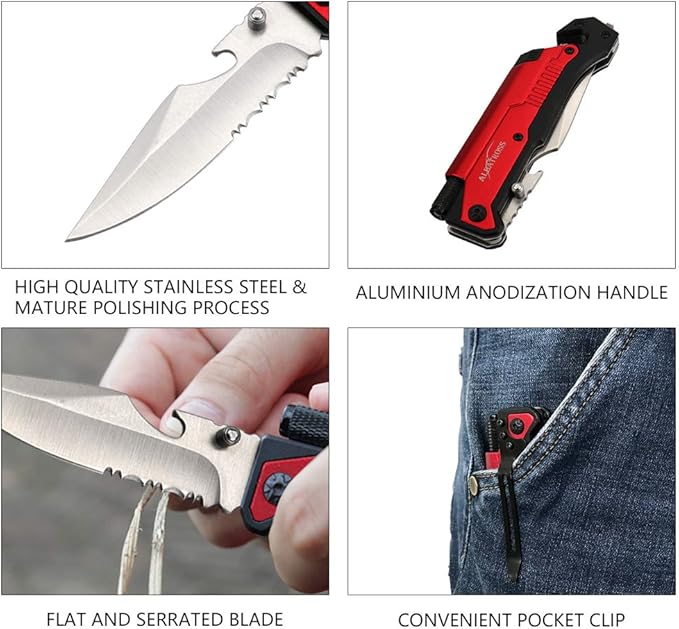 ALBATROSS Best 6-in-1 Survival Tactical Military Folding Pocket Knives with LED Light,Seatbelt Cutter,Glass Breaker,Magnesium Fire Starter,Bottle Opener;Multi-Function Emergency Tool(Red-SA)