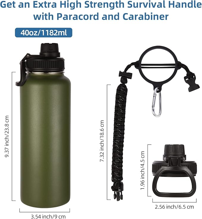 Volhoply 40 oz Insulated Water Bottles Paracord Handle, Stainless Steel Sports Bottle with Spout Lid, Reusable Double Walled Vacuum Metal Travel Cups with Wide Mouth for Adults (Army Green, 1 Set)