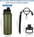 Volhoply 40 oz Insulated Water Bottles Paracord Handle, Stainless Steel Sports Bottle with Spout Lid, Reusable Double Walled Vacuum Metal Travel Cups with Wide Mouth for Adults (Army Green, 1 Set)