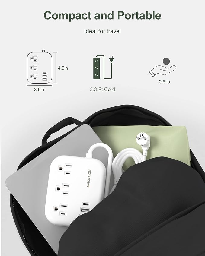 European Travel Plug Adapter with USB C, ROOTOMA Outlet Adapter US to Europe 3 Outlets 3 USB Ports, International Power Strip for EU Spain France Germany Iceland Greece, 3ft, White