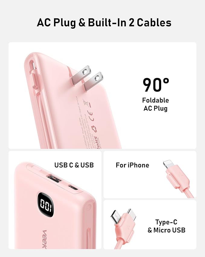 Portable Charger Power Bank Built in Cables and Wall Plug, 10000mAh iPhone Battery Pack Fast Charging, USB C External Slim Power Bank, Travel Essentials Compatible with iPhone 16 15 14 13 iPad, Pink