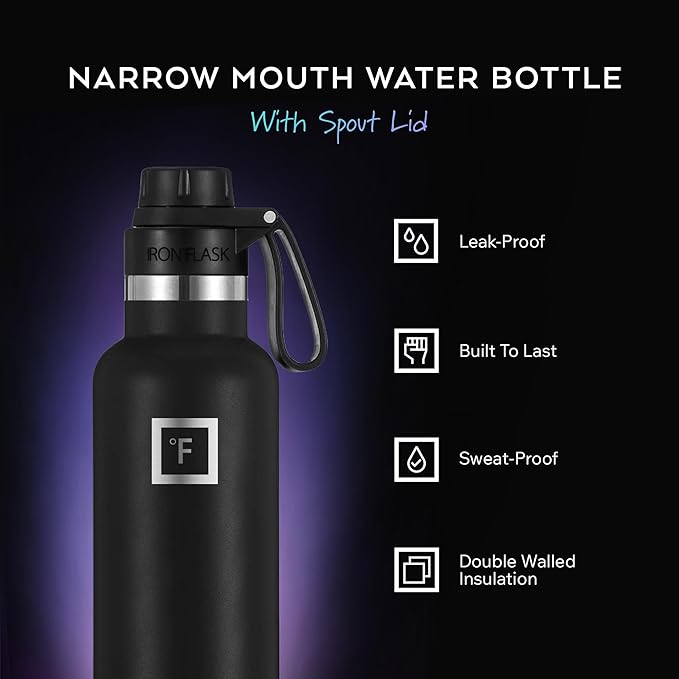 IRON °FLASK Camping & Hiking Hydration Canteens - 3 Lids (Narrow Spout Lid) Leak Proof Vacuum Insulated Stainless Steel - Hot & Cold Double Walled Sports Water Bottle - Aurora, 24 Oz