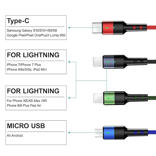 2Pack Multi Charging Cable USAMS Multiple Charger Cord Nylon Braided Short 10FT 4 in 1 USB Charge Cord with Phone/Type C/Micro USB Connector for Phone/Galaxy S20/S10S9/S8/S7 and More