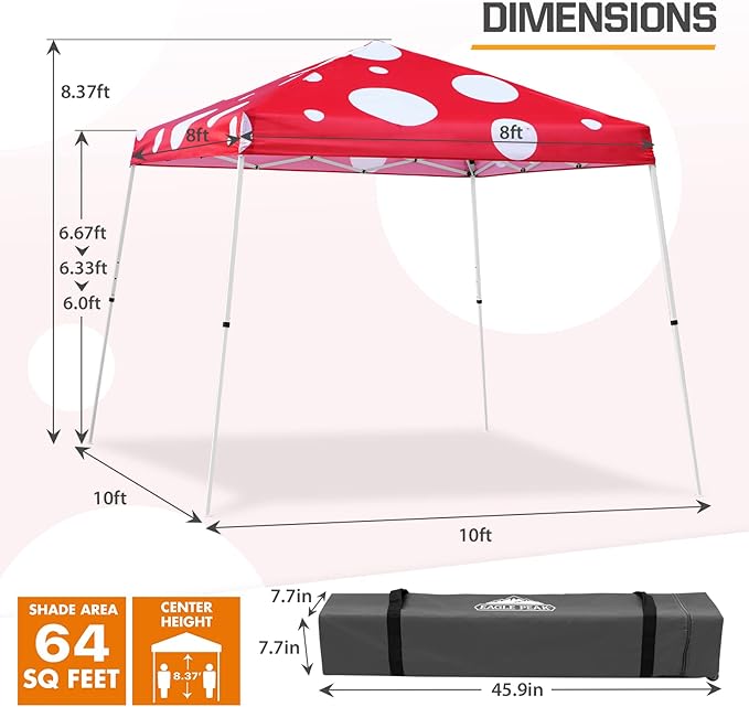 EAGLE PEAK 10x10 Slant Leg Pop-up Canopy Tent Easy One Person Setup Instant Outdoor Beach Canopy Folding Portable Sports Shelter 10x10 Base 8x8 Top (Red Mushroom)