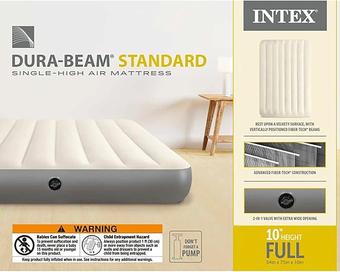 Intex Dura-Beam Air Mattress, 64102E, Single-High | Fiber-Tech | Full Size | 10in Height | 600lb Capacity | Pack of 3