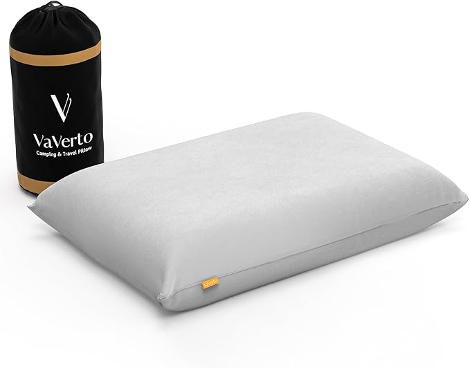 Vaverto Gray Travel and Camping Pillow - Compressible Medium Firm Memory Foam, Viscose Made from Bamboo Cover, Machine Washable, Ideal for Backpacking, Airplane, Car Travel