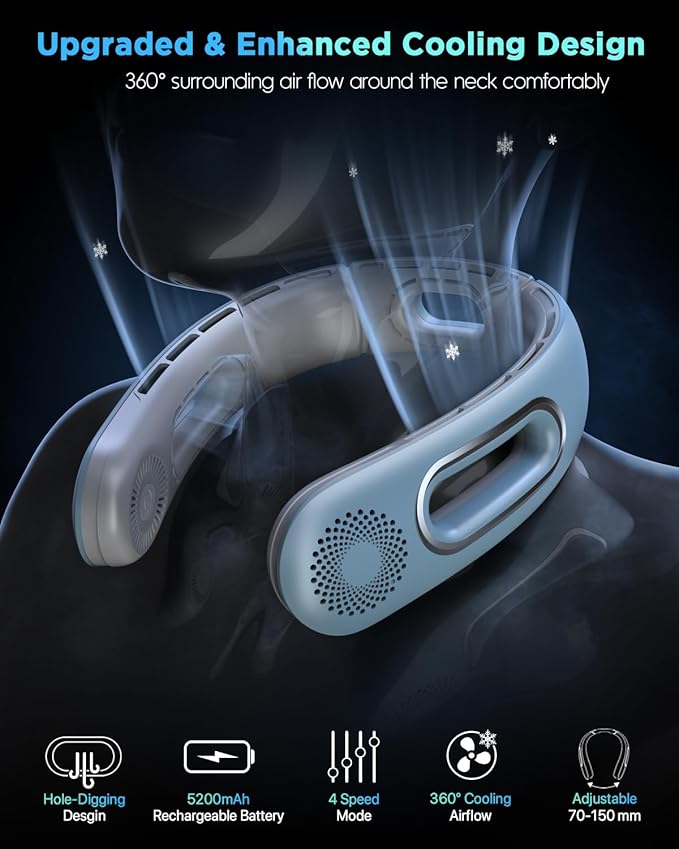 Neck Fan, Hands Free Bladeless Neck Fans Portable Rechargeable, 360° Cooling Neck Fan, 4 Speeds, Quiet, 5200 mAh Battery Operated USB Wearable Personal Fan Gifts for Women, Travel, Outdoor
