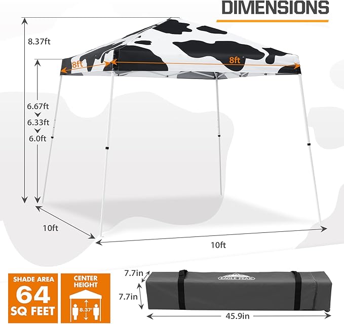 EAGLE PEAK 10x10 Slant Leg Pop-up Canopy Tent Easy One Person Setup Instant Outdoor Beach Canopy Folding Portable Sports Shelter 10x10 Base 8x8 Top (Cow Print)