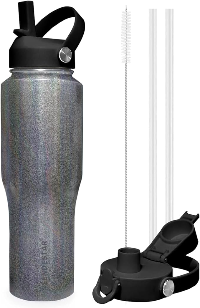 SENDESTAR 32oz Stainless Steel Water Bottle(Cold for 48 Hrs, Hot for 24 Hrs),Double Wall Vacuum Insulated Bottle with Straw Lid, Spout Lid and Flex Cap, Fit in Any Car Cup Holder TXIN-32-Laser Grey