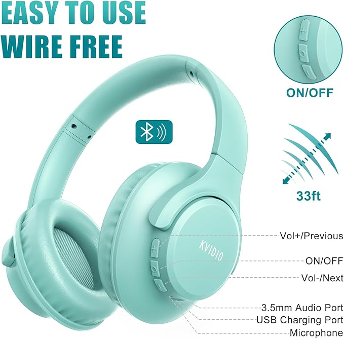 KVIDIO Bluetooth Headphones Over Ear, 65 Hours Playtime Wireless Headphones with Microphone, Foldable Lightweight Headset with Deep Bass, HiFi Stereo Sound Low Latency for Travel Work Cellphone