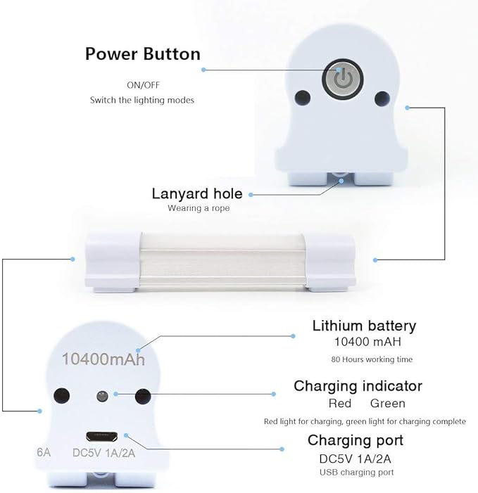 LETOUR LED Tube Magnetic Light Work Lights 6000Lumens 10400mAh 5 Lighting Options Camping Lantern USB Rechargeable Portable Battery Powered Lights with 2 Magnets Endurance for 80 Hours