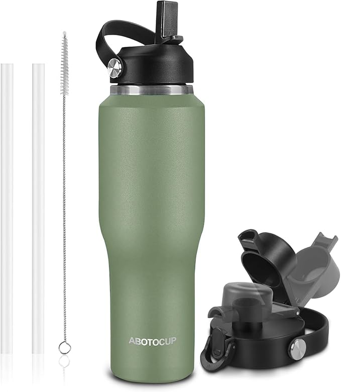 Insulated Water Bottle 32oz with Straw/Spout Lids, Stainless Steel Water Bottles Keep Cold 24h&Hot 12h, Metal Water Bottle with Straw that Fits in Cup Holder, Water Bottle Leak-proof,BPA Free