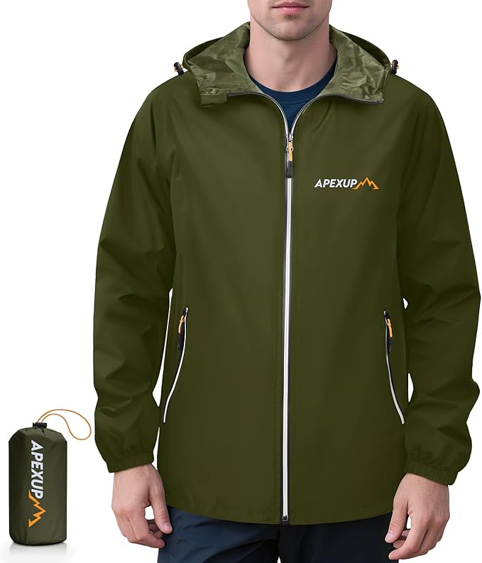 APEXUP Packable Rain Jacket Men with Reflective Zipper, Lightweight Waterproof Raincoat, Mens Rain Jacket for Outdoor Sports