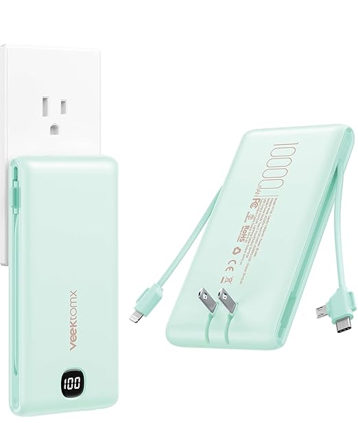 VEEKTOMX Portable Charger with Built in Cables 10000mAh, Power Bank for iPhone with Wall Plug, Travel Essential Fast Charging Slim USB C External Battery Pack for iPhone 17/16/15, Samsung, iPad, etc