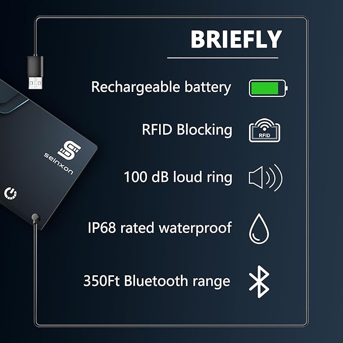 SEINXON Wallet Tracker (iOS Only) IP68 Thin Item Finder Card Luggage Located Bluetooth Works with Apple Find My APP & Network - Magnetic Charger (Slim)