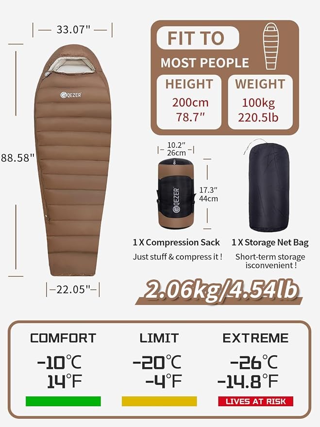 0 Degree Sleeping Bag for Adults 650 Fill Power Down Sleeping Bag for Cold Weather -20F / -8F / 0F / 10F Large Lightweight