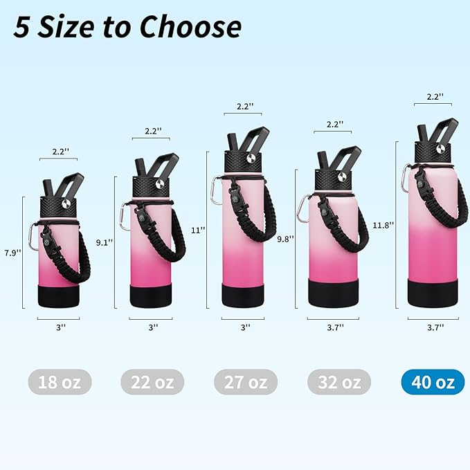 BJPKPK Insulated Water Bottle with Straw Lid, 40oz Large Thermo with 3 Lids, Paracord Handle & Non-slip Boot, BPA Free Leak Proof Stainless Steel Metal Water Bottles, Tumblers, Cups,Cherry