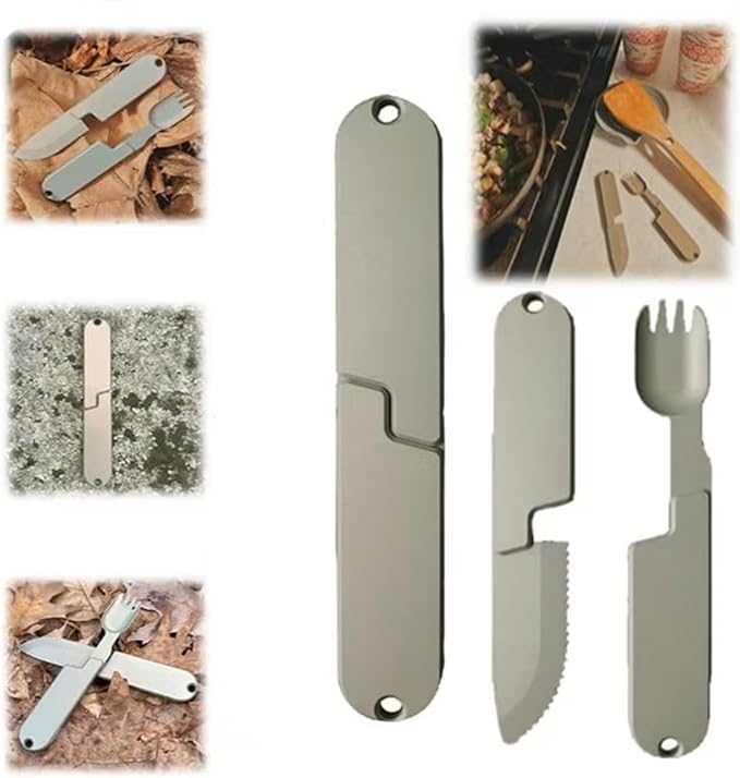 2 in 1 Camping Eating Utensils Set, Reusable Magnetic Camping Utensils Set, Portable Cutlery Backpacking Gear, Compact Spoon-Fork-Knife Cutlery Travel Utensils for Lunch Hiking Outdoor Survival