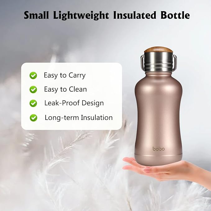 YOHKOH Mini Insulated Water Bottle With Bamboo Lid - 8.8oz Small Vacuum Insulated Water Bottle for Women Kids, 12 Hrs Hot & 24 Hrs Cold Stainless Steel Thermos Leak-Proof BPA-Free (8.8oz,Gold)
