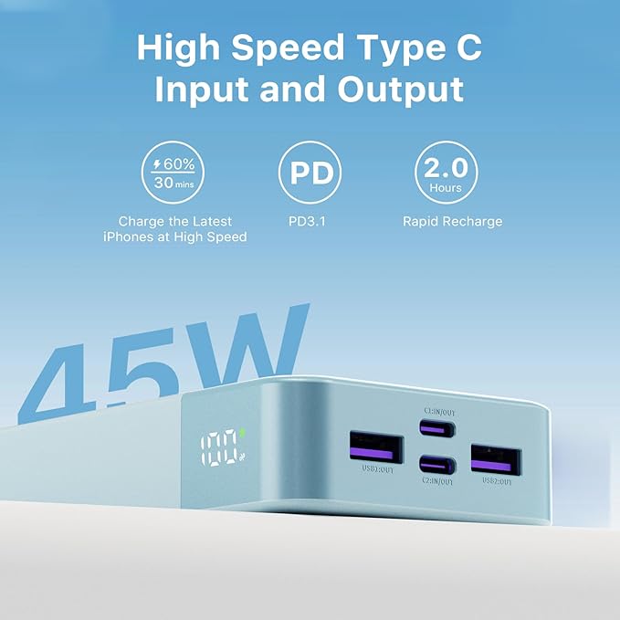 J2621 Power Bank Portable Charger,20000mAh 45W PD3.0 QC 4.0 Fast Charging Battery Pack with LED Display,2 USB-C,2 USB-A for iPhone Tablet MacBook