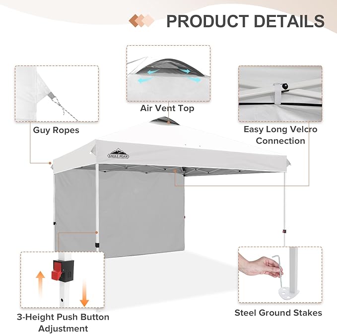EAGLE PEAK Pop Up Canopy Tent with 1 Sidewall, Easy Setup Event Tent, Outdoor Sun Shade, Wheeled Carry Bag, Stakes and Guy Ropes, Instant Canopy 12x12, White