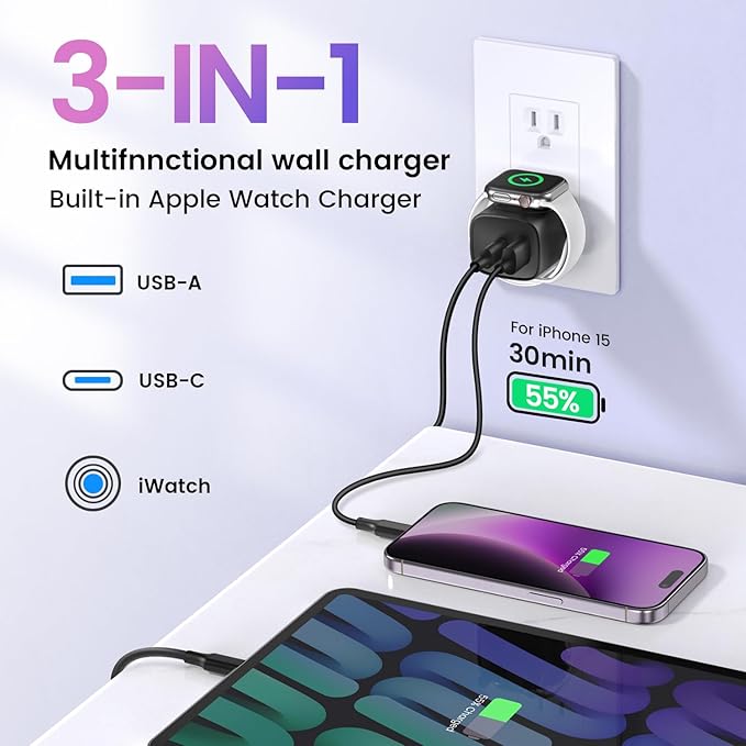 TOPADRE Charger for Apple Watch, USB C Charger Block, 3-in-1 20W Fast Charging, Portable Plug Travel Essential Charge for iWatch Ultra/SE/11/10/ 9/8/ 7/6, iPhone 16/16 Pro/ 15 Series, Purple