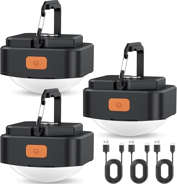 Rechargeable Camping Lights FLY2SKY 3Pcs Black Tent Lights Mini Flashlight Portable LED Camping Lantern Survival Gear Camping Accessories for Hiking Backpacking Fishing Hurricane Emergency Outage