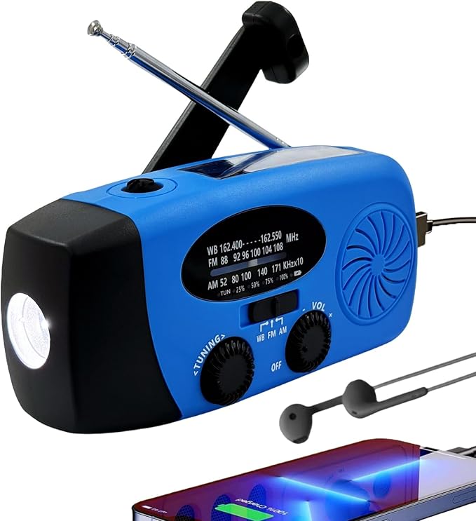 Solar Emergency Hand Crank Weather Radio, Portable Self Powered NOAA AM/FM Radios with SOS Alarm LED Flashlight 5000mAh Power Smart Phone USB Charger for Camping (5000mAh Blue)