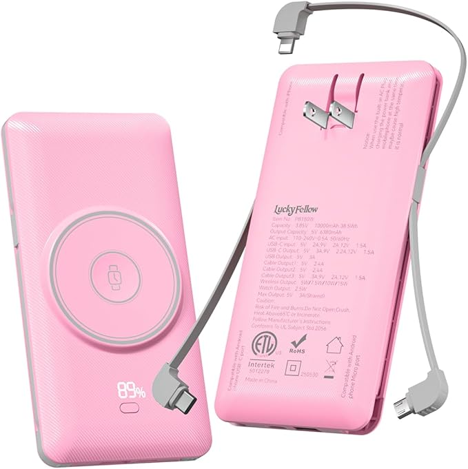 Magnetic 10000mAh Portable Charger for iWatch & iPhone, 22.5W USB C Fast Charging Wireless Power Bank Built-in Cables and Wall Plug, External Travel Battery Pack Compatible with iOS Android Devices