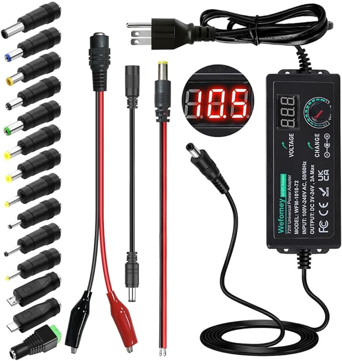 Universal Power Supply 3V~24V 3A 72W Adjustable Variable 3V 5V 6V 9V 12V 15V 18V 20V 24V AC/DC Adapter Charger, 100V-240V AC to DC Converter with 14 Tips and Polarity Converter