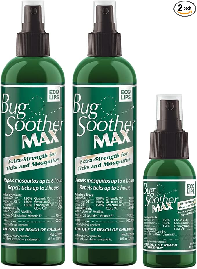 Bug Soother MAX - Extra Strength Natural Gnat, Tick, and Mosquito Repellent, 2 Pack 8 fl oz w/Free 1 oz. DEET-Free Bug Spray Deterrent - Safe for Adults & Environment - Made in USA